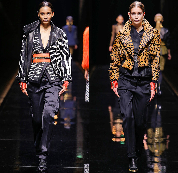 Balmain 2014-2015 Fall Autumn Winter Womens Runway Looks - Paris Fashion Week Mode à Paris Prêt à Porter Défilés - Safari Cargo Pockets Pants Outerwear Coat Desert Jungle Kimono Wrap Robe Zebra Ribbon Bow Tie Leather Hoodie Parka One Shoulder Crop Top Midriff Motorcycle Biker Rider Studs Embroidery Peplum Drapery Stripes Leopard Cheetah Dress Skirt Frock Weave Tights Stockings Circle Poodle Skirt Zigzag Crochet