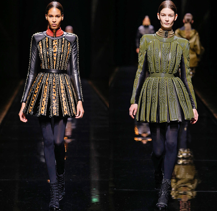 Balmain 2014-2015 Fall Autumn Winter Womens Runway Looks - Paris Fashion Week Mode à Paris Prêt à Porter Défilés - Safari Cargo Pockets Pants Outerwear Coat Desert Jungle Kimono Wrap Robe Zebra Ribbon Bow Tie Leather Hoodie Parka One Shoulder Crop Top Midriff Motorcycle Biker Rider Studs Embroidery Peplum Drapery Stripes Leopard Cheetah Dress Skirt Frock Weave Tights Stockings Circle Poodle Skirt Zigzag Crochet