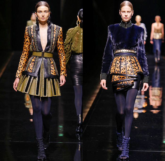 Balmain 2014-2015 Fall Autumn Winter Womens Runway Looks - Paris Fashion Week Mode à Paris Prêt à Porter Défilés - Safari Cargo Pockets Pants Outerwear Coat Desert Jungle Kimono Wrap Robe Zebra Ribbon Bow Tie Leather Hoodie Parka One Shoulder Crop Top Midriff Motorcycle Biker Rider Studs Embroidery Peplum Drapery Stripes Leopard Cheetah Dress Skirt Frock Weave Tights Stockings Circle Poodle Skirt Zigzag Crochet