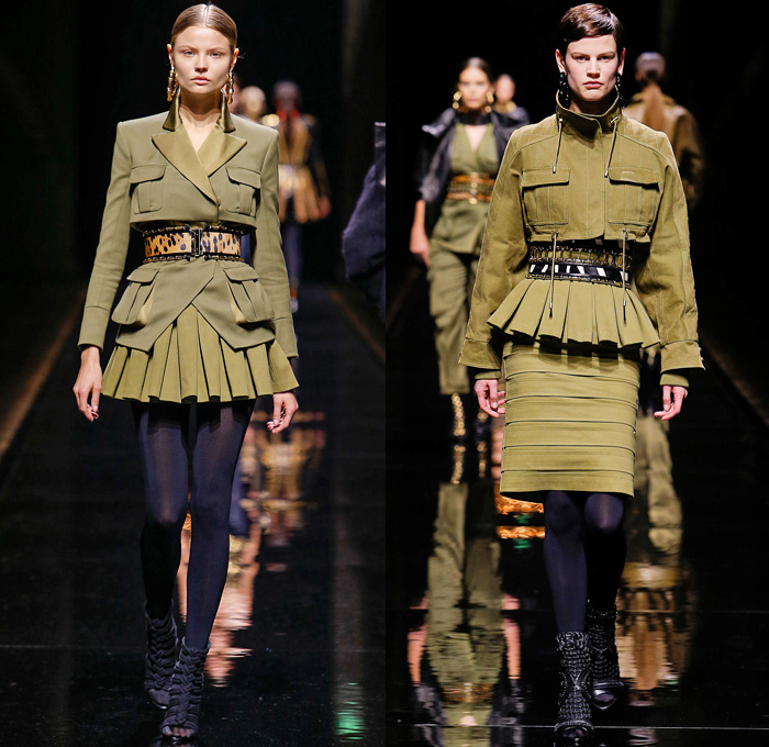 Balmain 2014-2015 Fall Autumn Winter Womens Runway Looks - Paris Fashion Week Mode à Paris Prêt à Porter Défilés - Safari Cargo Pockets Pants Outerwear Coat Desert Jungle Kimono Wrap Robe Zebra Ribbon Bow Tie Leather Hoodie Parka One Shoulder Crop Top Midriff Motorcycle Biker Rider Studs Embroidery Peplum Drapery Stripes Leopard Cheetah Dress Skirt Frock Weave Tights Stockings Circle Poodle Skirt Zigzag Crochet