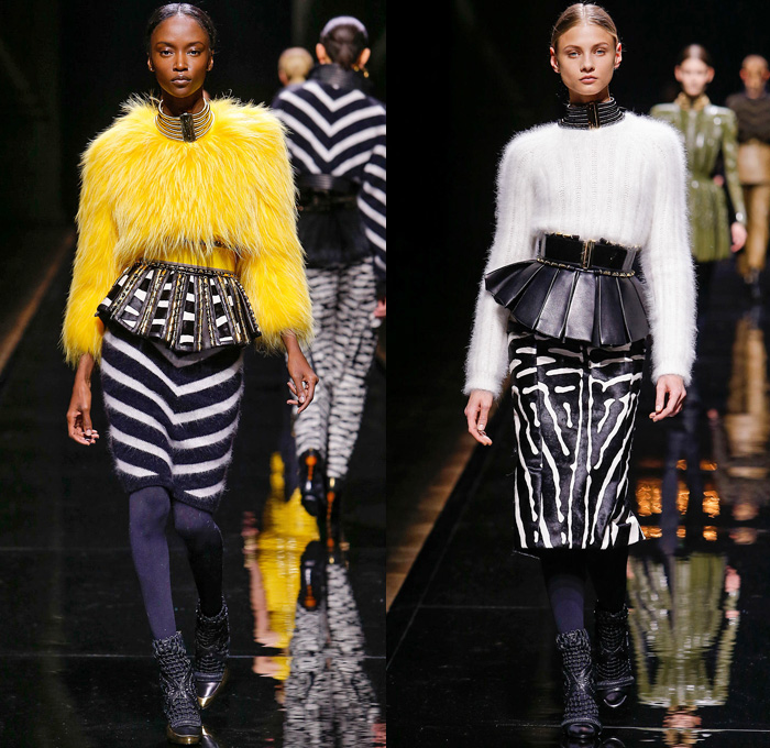 Balmain 2014-2015 Fall Autumn Winter Womens Runway Looks - Paris Fashion Week Mode à Paris Prêt à Porter Défilés - Safari Cargo Pockets Pants Outerwear Coat Desert Jungle Kimono Wrap Robe Zebra Ribbon Bow Tie Leather Hoodie Parka One Shoulder Crop Top Midriff Motorcycle Biker Rider Studs Embroidery Peplum Drapery Stripes Leopard Cheetah Dress Skirt Frock Weave Tights Stockings Circle Poodle Skirt Zigzag Crochet