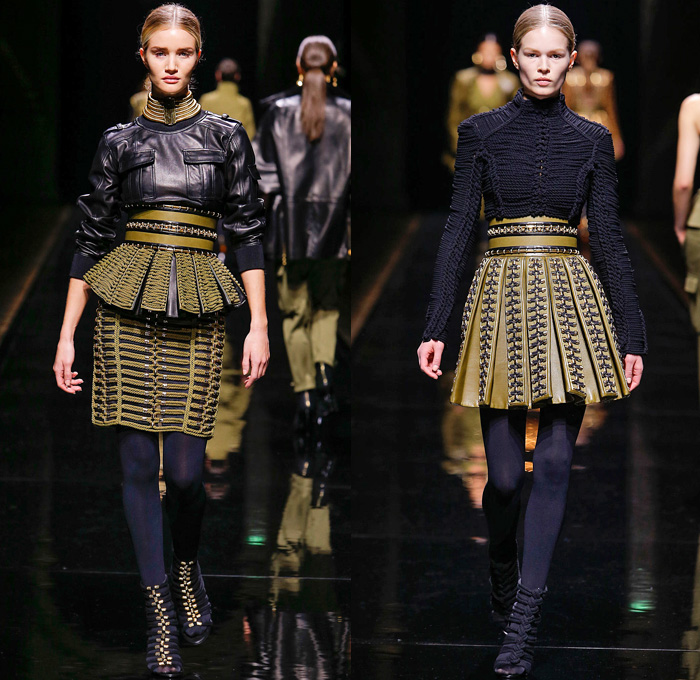 Balmain 2014-2015 Fall Autumn Winter Womens Runway Looks - Paris Fashion Week Mode à Paris Prêt à Porter Défilés - Safari Cargo Pockets Pants Outerwear Coat Desert Jungle Kimono Wrap Robe Zebra Ribbon Bow Tie Leather Hoodie Parka One Shoulder Crop Top Midriff Motorcycle Biker Rider Studs Embroidery Peplum Drapery Stripes Leopard Cheetah Dress Skirt Frock Weave Tights Stockings Circle Poodle Skirt Zigzag Crochet