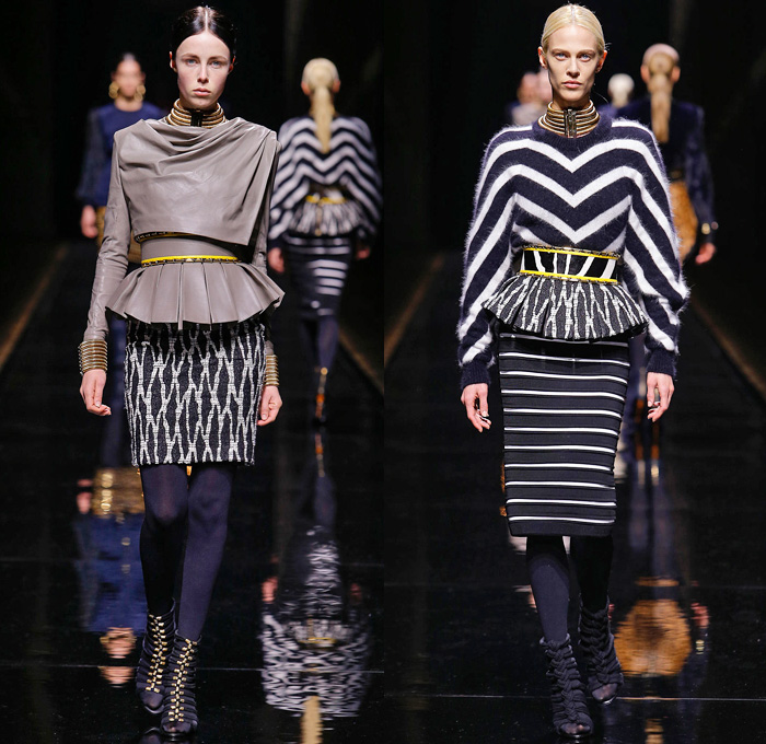 Balmain 2014-2015 Fall Autumn Winter Womens Runway Looks - Paris Fashion Week Mode à Paris Prêt à Porter Défilés - Safari Cargo Pockets Pants Outerwear Coat Desert Jungle Kimono Wrap Robe Zebra Ribbon Bow Tie Leather Hoodie Parka One Shoulder Crop Top Midriff Motorcycle Biker Rider Studs Embroidery Peplum Drapery Stripes Leopard Cheetah Dress Skirt Frock Weave Tights Stockings Circle Poodle Skirt Zigzag Crochet