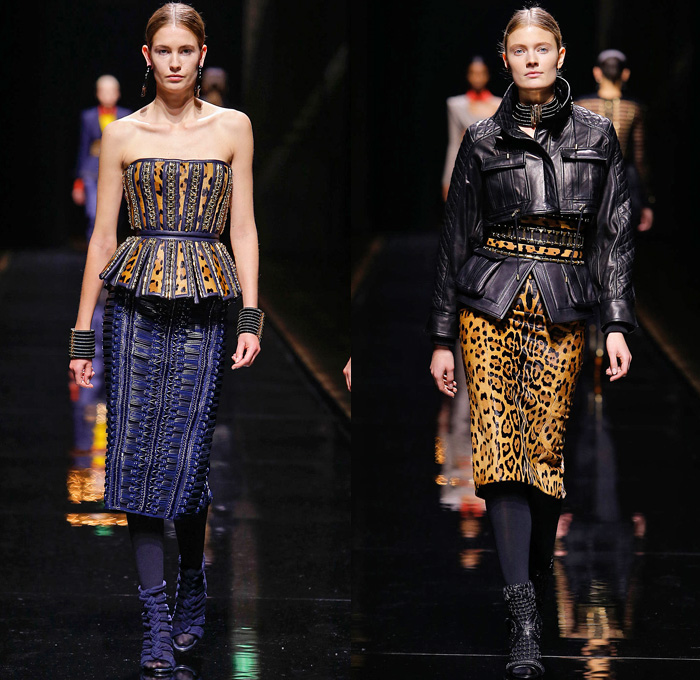 Balmain 2014-2015 Fall Autumn Winter Womens Runway Looks - Paris Fashion Week Mode à Paris Prêt à Porter Défilés - Safari Cargo Pockets Pants Outerwear Coat Desert Jungle Kimono Wrap Robe Zebra Ribbon Bow Tie Leather Hoodie Parka One Shoulder Crop Top Midriff Motorcycle Biker Rider Studs Embroidery Peplum Drapery Stripes Leopard Cheetah Dress Skirt Frock Weave Tights Stockings Circle Poodle Skirt Zigzag Crochet