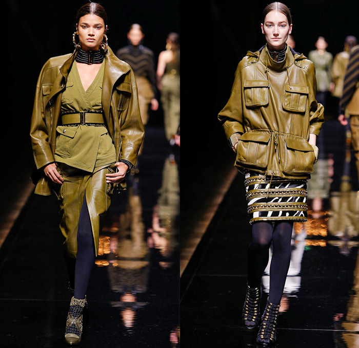 Balmain 2014-2015 Fall Autumn Winter Womens Runway Looks - Paris Fashion Week Mode à Paris Prêt à Porter Défilés - Safari Cargo Pockets Pants Outerwear Coat Desert Jungle Kimono Wrap Robe Zebra Ribbon Bow Tie Leather Hoodie Parka One Shoulder Crop Top Midriff Motorcycle Biker Rider Studs Embroidery Peplum Drapery Stripes Leopard Cheetah Dress Skirt Frock Weave Tights Stockings Circle Poodle Skirt Zigzag Crochet