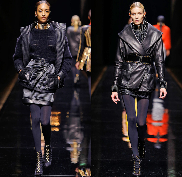 Balmain 2014-2015 Fall Autumn Winter Womens Runway Looks - Paris Fashion Week Mode à Paris Prêt à Porter Défilés - Safari Cargo Pockets Pants Outerwear Coat Desert Jungle Kimono Wrap Robe Zebra Ribbon Bow Tie Leather Hoodie Parka One Shoulder Crop Top Midriff Motorcycle Biker Rider Studs Embroidery Peplum Drapery Stripes Leopard Cheetah Dress Skirt Frock Weave Tights Stockings Circle Poodle Skirt Zigzag Crochet