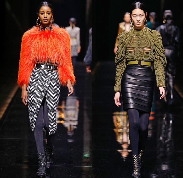 Balmain 2014-2015 Fall Autumn Winter Womens Runway Looks - Paris Fashion Week Mode à Paris Prêt à Porter Défilés - Safari Cargo Pockets Pants Outerwear Coat Desert Jungle Kimono Wrap Robe Zebra Ribbon Bow Tie Leather Hoodie Parka One Shoulder Crop Top Midriff Motorcycle Biker Rider Studs Embroidery Peplum Drapery Stripes Leopard Cheetah Dress Skirt Frock Weave Tights Stockings Circle Poodle Skirt Zigzag Crochet