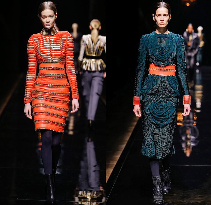 Balmain 2014-2015 Fall Autumn Winter Womens Runway Looks - Paris Fashion Week Mode à Paris Prêt à Porter Défilés - Safari Cargo Pockets Pants Outerwear Coat Desert Jungle Kimono Wrap Robe Zebra Ribbon Bow Tie Leather Hoodie Parka One Shoulder Crop Top Midriff Motorcycle Biker Rider Studs Embroidery Peplum Drapery Stripes Leopard Cheetah Dress Skirt Frock Weave Tights Stockings Circle Poodle Skirt Zigzag Crochet