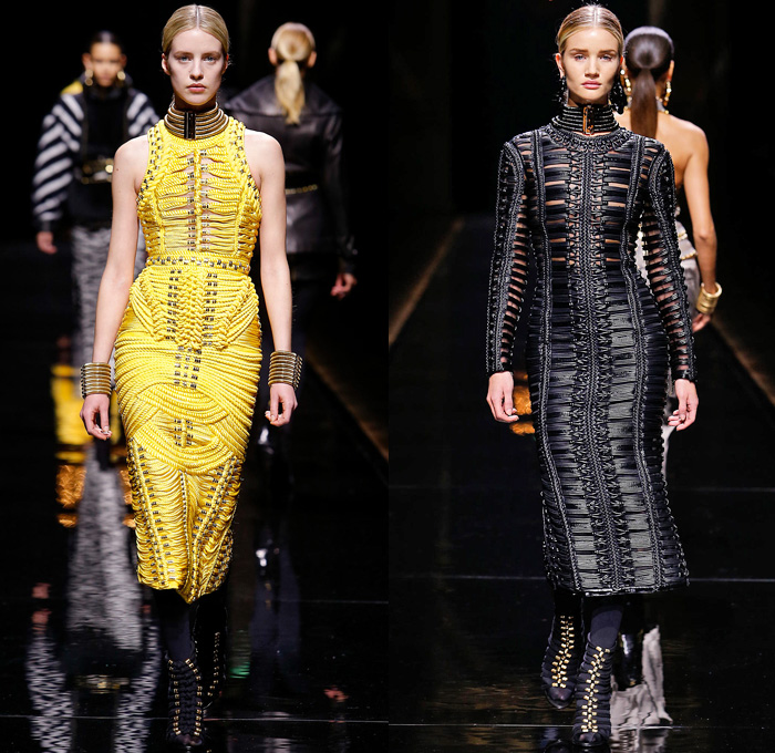 Balmain 2014-2015 Fall Autumn Winter Womens Runway Looks - Paris Fashion Week Mode à Paris Prêt à Porter Défilés - Safari Cargo Pockets Pants Outerwear Coat Desert Jungle Kimono Wrap Robe Zebra Ribbon Bow Tie Leather Hoodie Parka One Shoulder Crop Top Midriff Motorcycle Biker Rider Studs Embroidery Peplum Drapery Stripes Leopard Cheetah Dress Skirt Frock Weave Tights Stockings Circle Poodle Skirt Zigzag Crochet