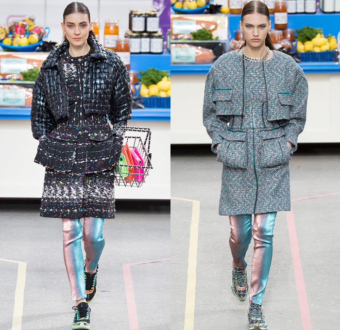 Chanel 2014-2015 Fall Autumn Winter Womens Runway Looks - Paris Fashion Week Mode à Paris Prêt à Porter Défilés - Boucle Knit Outerwear Coat Holes Crop Top Midriff Leggings Turtleneck Weave Corset Hem Skirt Frock Chains Padlock Sneakers Grocery Supermarket Basket Cargo Pockets Jumpsuit Onesie Slouchy Shorts Geometric Parka Shawl Ruffles Straws Embellishments Sequins Quilted Windowpane Check Metallic Shirtdress Flowers Florals Sweater Jumper Net Crochet