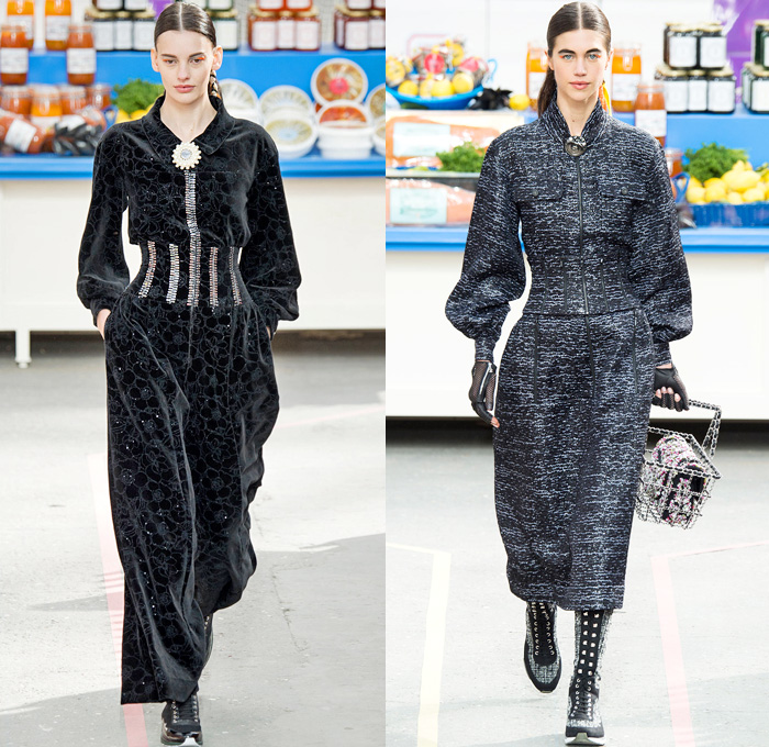 Chanel 2014-2015 Fall Autumn Winter Womens Runway Looks - Paris Fashion Week Mode à Paris Prêt à Porter Défilés - Boucle Knit Outerwear Coat Holes Crop Top Midriff Leggings Turtleneck Weave Corset Hem Skirt Frock Chains Padlock Sneakers Grocery Supermarket Basket Cargo Pockets Jumpsuit Onesie Slouchy Shorts Geometric Parka Shawl Ruffles Straws Embellishments Sequins Quilted Windowpane Check Metallic Shirtdress Flowers Florals Sweater Jumper Net Crochet