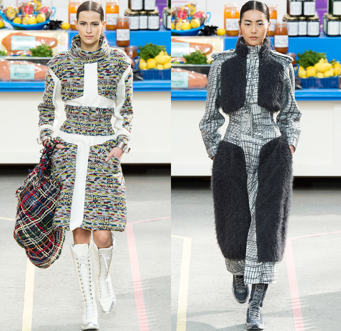 Chanel 2014-2015 Fall Autumn Winter Womens Runway Looks - Paris Fashion Week Mode à Paris Prêt à Porter Défilés - Boucle Knit Outerwear Coat Holes Crop Top Midriff Leggings Turtleneck Weave Corset Hem Skirt Frock Chains Padlock Sneakers Grocery Supermarket Basket Cargo Pockets Jumpsuit Onesie Slouchy Shorts Geometric Parka Shawl Ruffles Straws Embellishments Sequins Quilted Windowpane Check Metallic Shirtdress Flowers Florals Sweater Jumper Net Crochet