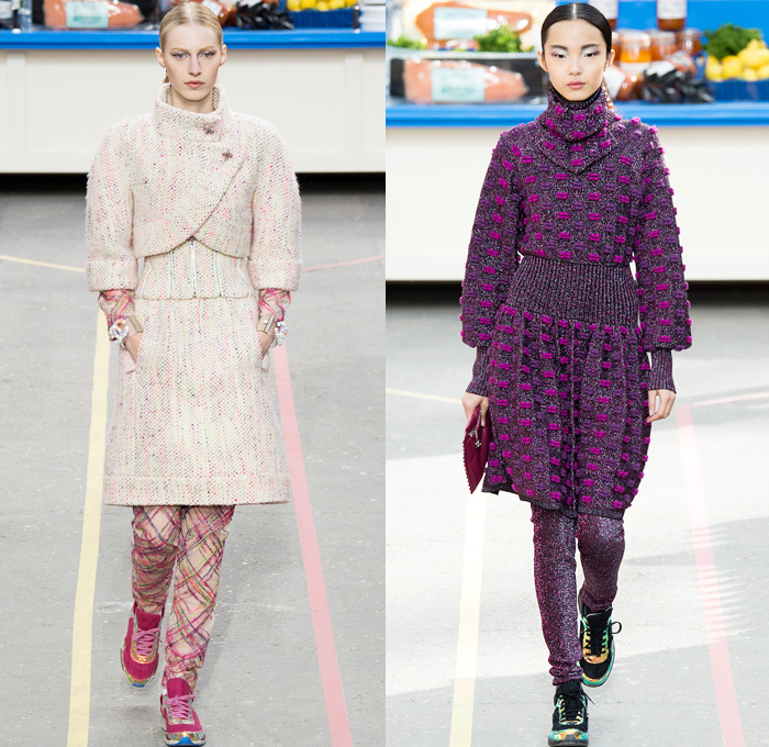 Chanel 2014-2015 Fall Autumn Winter Womens Runway Looks - Paris Fashion Week Mode à Paris Prêt à Porter Défilés - Boucle Knit Outerwear Coat Holes Crop Top Midriff Leggings Turtleneck Weave Corset Hem Skirt Frock Chains Padlock Sneakers Grocery Supermarket Basket Cargo Pockets Jumpsuit Onesie Slouchy Shorts Geometric Parka Shawl Ruffles Straws Embellishments Sequins Quilted Windowpane Check Metallic Shirtdress Flowers Florals Sweater Jumper Net Crochet