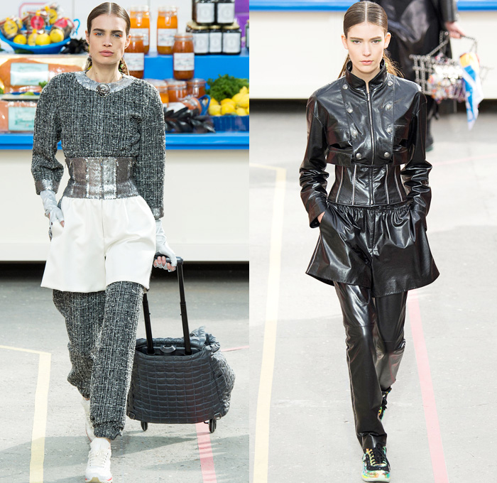 Chanel 2014-2015 Fall Autumn Winter Womens Runway Looks - Paris Fashion Week Mode à Paris Prêt à Porter Défilés - Boucle Knit Outerwear Coat Holes Crop Top Midriff Leggings Turtleneck Weave Corset Hem Skirt Frock Chains Padlock Sneakers Grocery Supermarket Basket Cargo Pockets Jumpsuit Onesie Slouchy Shorts Geometric Parka Shawl Ruffles Straws Embellishments Sequins Quilted Windowpane Check Metallic Shirtdress Flowers Florals Sweater Jumper Net Crochet