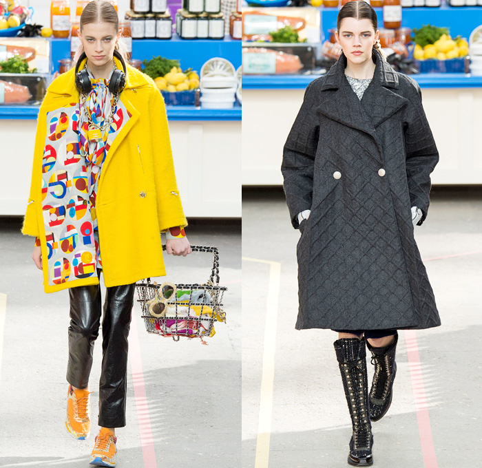 Chanel 2014-2015 Fall Autumn Winter Womens Runway Looks - Paris Fashion Week Mode à Paris Prêt à Porter Défilés - Boucle Knit Outerwear Coat Holes Crop Top Midriff Leggings Turtleneck Weave Corset Hem Skirt Frock Chains Padlock Sneakers Grocery Supermarket Basket Cargo Pockets Jumpsuit Onesie Slouchy Shorts Geometric Parka Shawl Ruffles Straws Embellishments Sequins Quilted Windowpane Check Metallic Shirtdress Flowers Florals Sweater Jumper Net Crochet