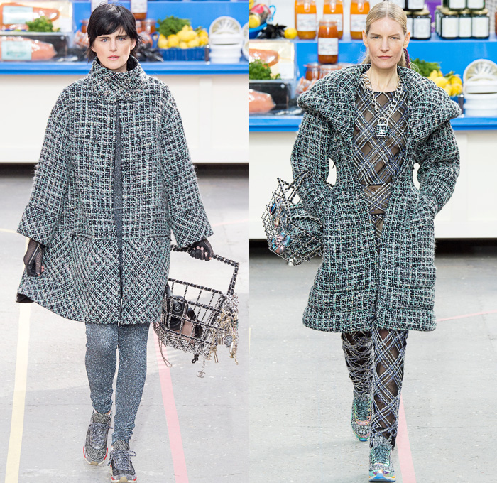 Chanel 2014-2015 Fall Autumn Winter Womens Runway Looks - Paris Fashion Week Mode à Paris Prêt à Porter Défilés - Boucle Knit Outerwear Coat Holes Crop Top Midriff Leggings Turtleneck Weave Corset Hem Skirt Frock Chains Padlock Sneakers Grocery Supermarket Basket Cargo Pockets Jumpsuit Onesie Slouchy Shorts Geometric Parka Shawl Ruffles Straws Embellishments Sequins Quilted Windowpane Check Metallic Shirtdress Flowers Florals Sweater Jumper Net Crochet