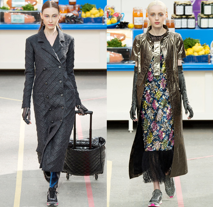 Chanel 2014-2015 Fall Autumn Winter Womens Runway Looks - Paris Fashion Week Mode à Paris Prêt à Porter Défilés - Boucle Knit Outerwear Coat Holes Crop Top Midriff Leggings Turtleneck Weave Corset Hem Skirt Frock Chains Padlock Sneakers Grocery Supermarket Basket Cargo Pockets Jumpsuit Onesie Slouchy Shorts Geometric Parka Shawl Ruffles Straws Embellishments Sequins Quilted Windowpane Check Metallic Shirtdress Flowers Florals Sweater Jumper Net Crochet