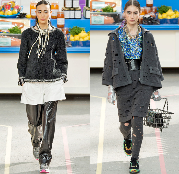 Chanel 2014-2015 Fall Autumn Winter Womens Runway Looks - Paris Fashion Week Mode à Paris Prêt à Porter Défilés - Boucle Knit Outerwear Coat Holes Crop Top Midriff Leggings Turtleneck Weave Corset Hem Skirt Frock Chains Padlock Sneakers Grocery Supermarket Basket Cargo Pockets Jumpsuit Onesie Slouchy Shorts Geometric Parka Shawl Ruffles Straws Embellishments Sequins Quilted Windowpane Check Metallic Shirtdress Flowers Florals Sweater Jumper Net Crochet