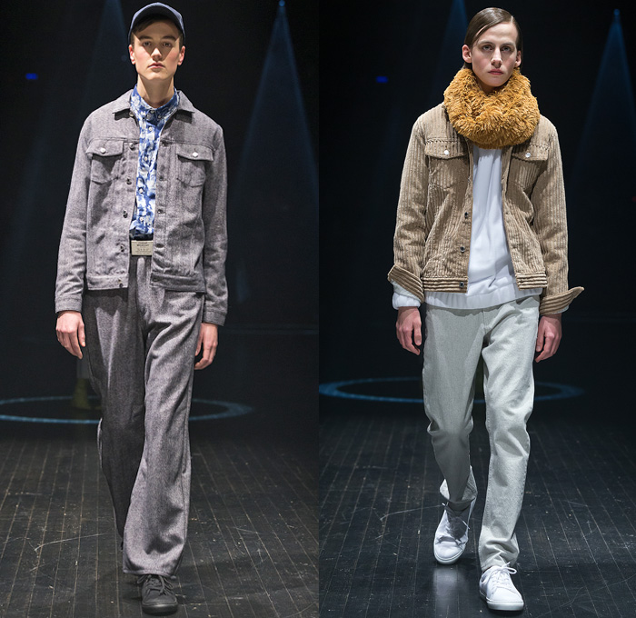 Cheap Monday 2014-2015 Fall Autumn Winter Mens Runway Looks Fashion - Mercedes-Benz Fashion Week Stockholm Sweden Falla Host Vinter - Raw Selvedge Denim Jeans Trucker Bomber Jacket Knit Sweater Jumper Wide Leg Art Painting Portrait Print Graphic Corduroy Funnel Neck