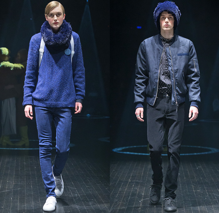 Cheap Monday 2014-2015 Fall Autumn Winter Mens Runway Looks Fashion - Mercedes-Benz Fashion Week Stockholm Sweden Falla Host Vinter - Raw Selvedge Denim Jeans Trucker Bomber Jacket Knit Sweater Jumper Wide Leg Art Painting Portrait Print Graphic Corduroy Funnel Neck