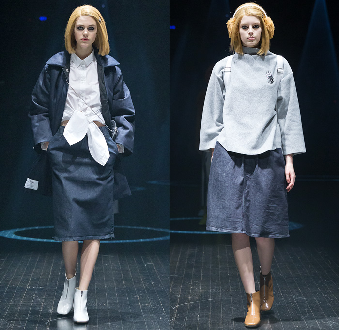 Cheap Monday 2014-2015 Fall Autumn Winter Womens Runway Looks Fashion - Mercedes-Benz Fashion Week Stockholm Sweden Falla Host Vinter - Raw Selvedge Denim Jeans Dress Sweater Jumper Wide Leg Culottes Gauchos Palazzo Pants Furry Outerwear Coat Sporty Athletic Puffer Puffy Down Jacket Funnel Neck