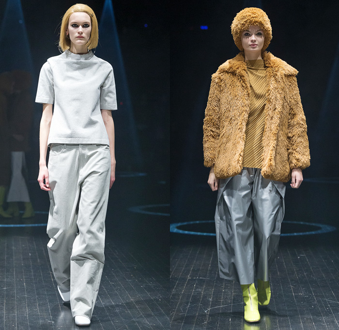 Cheap Monday 2014-2015 Fall Autumn Winter Womens Runway Looks Fashion - Mercedes-Benz Fashion Week Stockholm Sweden Falla Host Vinter - Raw Selvedge Denim Jeans Dress Sweater Jumper Wide Leg Culottes Gauchos Palazzo Pants Furry Outerwear Coat Sporty Athletic Puffer Puffy Down Jacket Funnel Neck