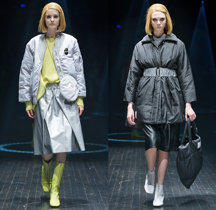 Cheap Monday 2014-2015 Fall Autumn Winter Womens Runway Looks Fashion - Mercedes-Benz Fashion Week Stockholm Sweden Falla Host Vinter - Raw Selvedge Denim Jeans Dress Sweater Jumper Wide Leg Culottes Gauchos Palazzo Pants Furry Outerwear Coat Sporty Athletic Puffer Puffy Down Jacket Funnel Neck