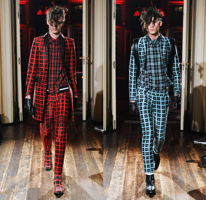 CHRISTIAN DADA 2014-2015 Fall Autumn Winter Mens Runway Looks - Infinity Designer Masanori Morikawa Japan Catwalk Fashion Show - Denim Jeans Ripped Destroyed Destructed Holes Plaid Checks Tartan Pattern Motif Print Tuxedo Coat Outerwear Furry Gloves Backpack Shirt Shorts Boots Blazer Suit Toggles Manskirt Androgyny Turtleneck Knit Sweater Jumper Gold Metallic Cow Suspenders Motorcycle Biker Rider Zippers Multi-Panel Crop Top Midriff Punk Grunge Capelet Chaps