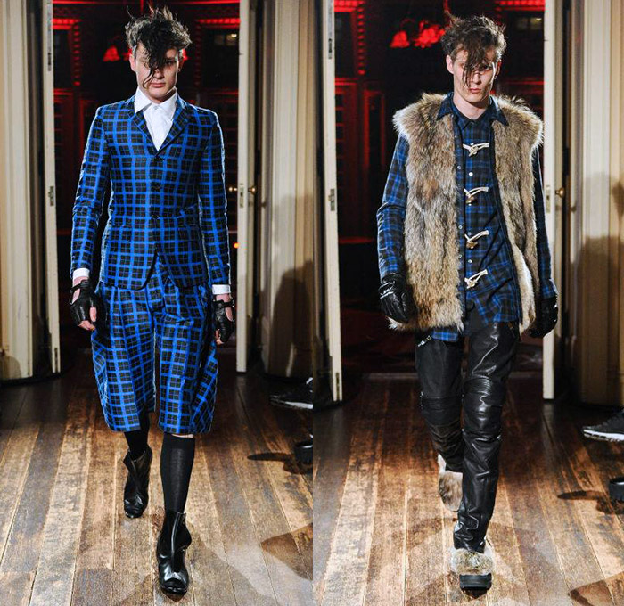 CHRISTIAN DADA 2014-2015 Fall Autumn Winter Mens Runway Looks - Infinity Designer Masanori Morikawa Japan Catwalk Fashion Show - Denim Jeans Ripped Destroyed Destructed Holes Plaid Checks Tartan Pattern Motif Print Tuxedo Coat Outerwear Furry Gloves Backpack Shirt Shorts Boots Blazer Suit Toggles Manskirt Androgyny Turtleneck Knit Sweater Jumper Gold Metallic Cow Suspenders Motorcycle Biker Rider Zippers Multi-Panel Crop Top Midriff Punk Grunge Capelet Chaps