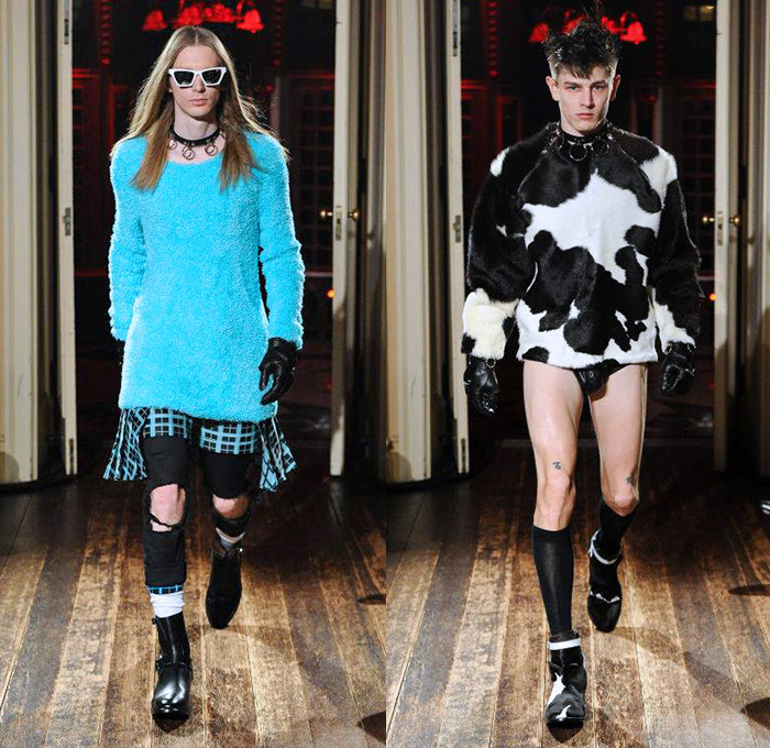 CHRISTIAN DADA 2014-2015 Fall Autumn Winter Mens Runway Looks - Infinity Designer Masanori Morikawa Japan Catwalk Fashion Show - Denim Jeans Ripped Destroyed Destructed Holes Plaid Checks Tartan Pattern Motif Print Tuxedo Coat Outerwear Furry Gloves Backpack Shirt Shorts Boots Blazer Suit Toggles Manskirt Androgyny Turtleneck Knit Sweater Jumper Gold Metallic Cow Suspenders Motorcycle Biker Rider Zippers Multi-Panel Crop Top Midriff Punk Grunge Capelet Chaps