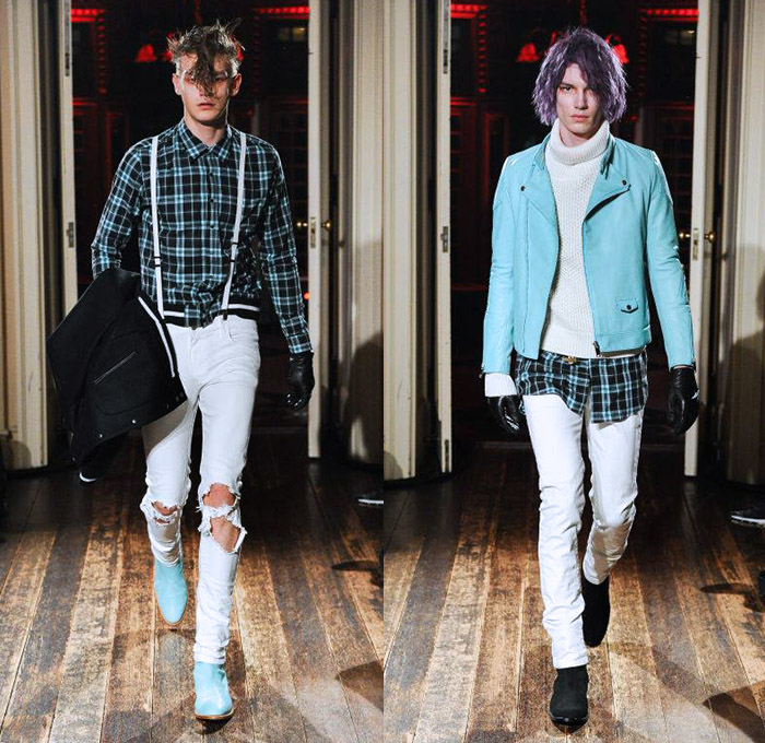 CHRISTIAN DADA 2014-2015 Fall Autumn Winter Mens Runway Looks - Infinity Designer Masanori Morikawa Japan Catwalk Fashion Show - Denim Jeans Ripped Destroyed Destructed Holes Plaid Checks Tartan Pattern Motif Print Tuxedo Coat Outerwear Furry Gloves Backpack Shirt Shorts Boots Blazer Suit Toggles Manskirt Androgyny Turtleneck Knit Sweater Jumper Gold Metallic Cow Suspenders Motorcycle Biker Rider Zippers Multi-Panel Crop Top Midriff Punk Grunge Capelet Chaps