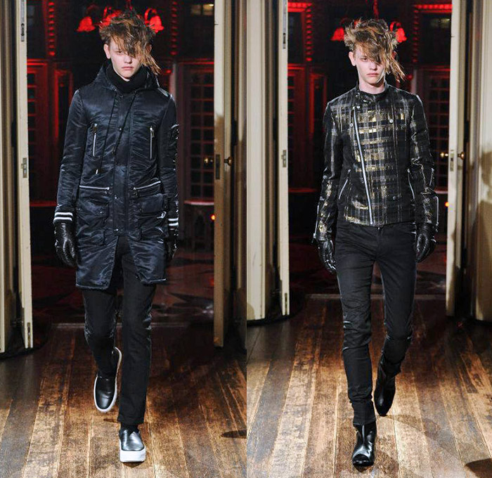 CHRISTIAN DADA 2014-2015 Fall Autumn Winter Mens Runway Looks - Infinity Designer Masanori Morikawa Japan Catwalk Fashion Show - Denim Jeans Ripped Destroyed Destructed Holes Plaid Checks Tartan Pattern Motif Print Tuxedo Coat Outerwear Furry Gloves Backpack Shirt Shorts Boots Blazer Suit Toggles Manskirt Androgyny Turtleneck Knit Sweater Jumper Gold Metallic Cow Suspenders Motorcycle Biker Rider Zippers Multi-Panel Crop Top Midriff Punk Grunge Capelet Chaps