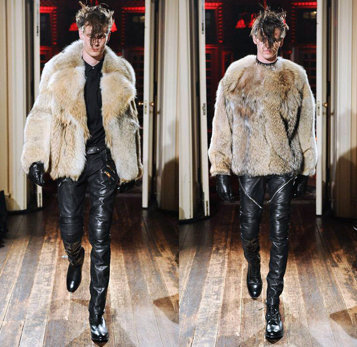 CHRISTIAN DADA 2014-2015 Fall Autumn Winter Mens Runway Looks - Infinity Designer Masanori Morikawa Japan Catwalk Fashion Show - Denim Jeans Ripped Destroyed Destructed Holes Plaid Checks Tartan Pattern Motif Print Tuxedo Coat Outerwear Furry Gloves Backpack Shirt Shorts Boots Blazer Suit Toggles Manskirt Androgyny Turtleneck Knit Sweater Jumper Gold Metallic Cow Suspenders Motorcycle Biker Rider Zippers Multi-Panel Crop Top Midriff Punk Grunge Capelet Chaps