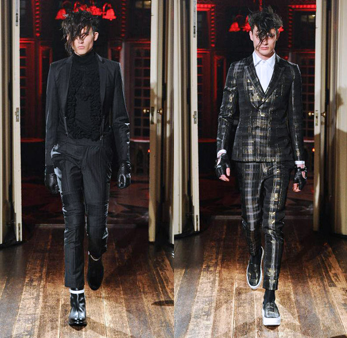 CHRISTIAN DADA 2014-2015 Fall Autumn Winter Mens Runway Looks - Infinity Designer Masanori Morikawa Japan Catwalk Fashion Show - Denim Jeans Ripped Destroyed Destructed Holes Plaid Checks Tartan Pattern Motif Print Tuxedo Coat Outerwear Furry Gloves Backpack Shirt Shorts Boots Blazer Suit Toggles Manskirt Androgyny Turtleneck Knit Sweater Jumper Gold Metallic Cow Suspenders Motorcycle Biker Rider Zippers Multi-Panel Crop Top Midriff Punk Grunge Capelet Chaps