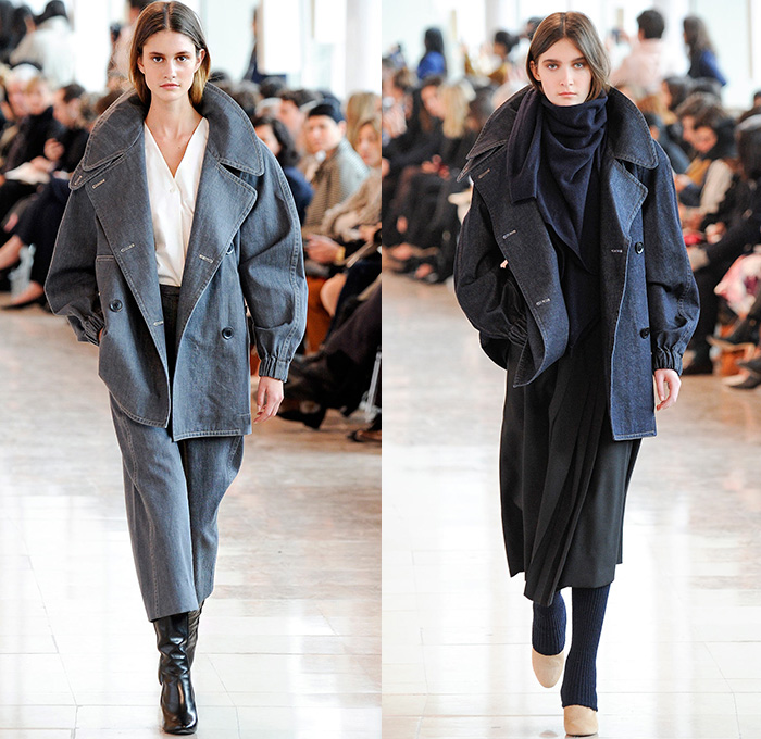 Christophe Lemaire 2014-2015 Fall Autumn Winter Womens Runway Show - Mode à Paris Fashion Week Catwalk - Denim Jeans Indigo Peacoat Outerwear  Trench Coat Wrap Robe Culottes Gauchos Palazzo Pants Wide Leg Scarf Drapery Skirt Frock Ribbed Knit Leggings Blazer Sweaterdress Dress Sweater Jumper Layers Pleats Tie Up Boots Kimono Wide Belt Minimalist Turtleneck Print Motif Leaves Foliage