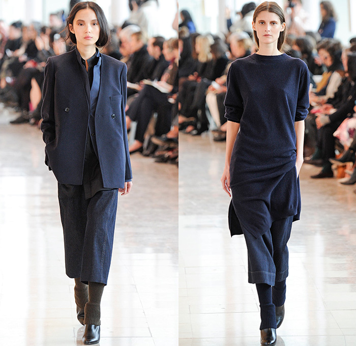 Christophe Lemaire 2014-2015 Fall Autumn Winter Womens Runway Show - Mode à Paris Fashion Week Catwalk - Denim Jeans Indigo Peacoat Outerwear  Trench Coat Wrap Robe Culottes Gauchos Palazzo Pants Wide Leg Scarf Drapery Skirt Frock Ribbed Knit Leggings Blazer Sweaterdress Dress Sweater Jumper Layers Pleats Tie Up Boots Kimono Wide Belt Minimalist Turtleneck Print Motif Leaves Foliage