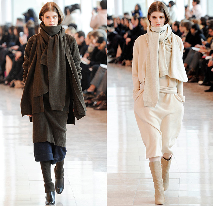 Christophe Lemaire 2014-2015 Fall Autumn Winter Womens Runway Show - Mode à Paris Fashion Week Catwalk - Denim Jeans Indigo Peacoat Outerwear  Trench Coat Wrap Robe Culottes Gauchos Palazzo Pants Wide Leg Scarf Drapery Skirt Frock Ribbed Knit Leggings Blazer Sweaterdress Dress Sweater Jumper Layers Pleats Tie Up Boots Kimono Wide Belt Minimalist Turtleneck Print Motif Leaves Foliage