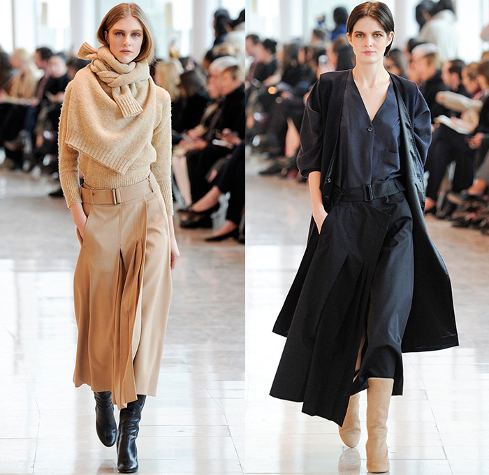 Christophe Lemaire 2014-2015 Fall Autumn Winter Womens Runway Show - Mode à Paris Fashion Week Catwalk - Denim Jeans Indigo Peacoat Outerwear  Trench Coat Wrap Robe Culottes Gauchos Palazzo Pants Wide Leg Scarf Drapery Skirt Frock Ribbed Knit Leggings Blazer Sweaterdress Dress Sweater Jumper Layers Pleats Tie Up Boots Kimono Wide Belt Minimalist Turtleneck Print Motif Leaves Foliage