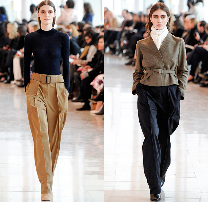 Christophe Lemaire 2014-2015 Fall Autumn Winter Womens Runway Show - Mode à Paris Fashion Week Catwalk - Denim Jeans Indigo Peacoat Outerwear  Trench Coat Wrap Robe Culottes Gauchos Palazzo Pants Wide Leg Scarf Drapery Skirt Frock Ribbed Knit Leggings Blazer Sweaterdress Dress Sweater Jumper Layers Pleats Tie Up Boots Kimono Wide Belt Minimalist Turtleneck Print Motif Leaves Foliage