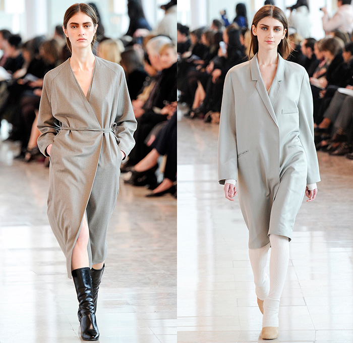 Christophe Lemaire 2014-2015 Fall Autumn Winter Womens Runway Show - Mode à Paris Fashion Week Catwalk - Denim Jeans Indigo Peacoat Outerwear  Trench Coat Wrap Robe Culottes Gauchos Palazzo Pants Wide Leg Scarf Drapery Skirt Frock Ribbed Knit Leggings Blazer Sweaterdress Dress Sweater Jumper Layers Pleats Tie Up Boots Kimono Wide Belt Minimalist Turtleneck Print Motif Leaves Foliage