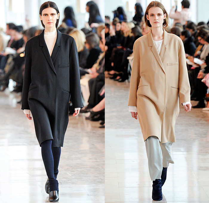 Christophe Lemaire 2014-2015 Fall Autumn Winter Womens Runway Show - Mode à Paris Fashion Week Catwalk - Denim Jeans Indigo Peacoat Outerwear  Trench Coat Wrap Robe Culottes Gauchos Palazzo Pants Wide Leg Scarf Drapery Skirt Frock Ribbed Knit Leggings Blazer Sweaterdress Dress Sweater Jumper Layers Pleats Tie Up Boots Kimono Wide Belt Minimalist Turtleneck Print Motif Leaves Foliage