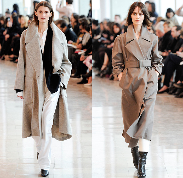 Christophe Lemaire 2014-2015 Fall Autumn Winter Womens Runway Show - Mode à Paris Fashion Week Catwalk - Denim Jeans Indigo Peacoat Outerwear  Trench Coat Wrap Robe Culottes Gauchos Palazzo Pants Wide Leg Scarf Drapery Skirt Frock Ribbed Knit Leggings Blazer Sweaterdress Dress Sweater Jumper Layers Pleats Tie Up Boots Kimono Wide Belt Minimalist Turtleneck Print Motif Leaves Foliage