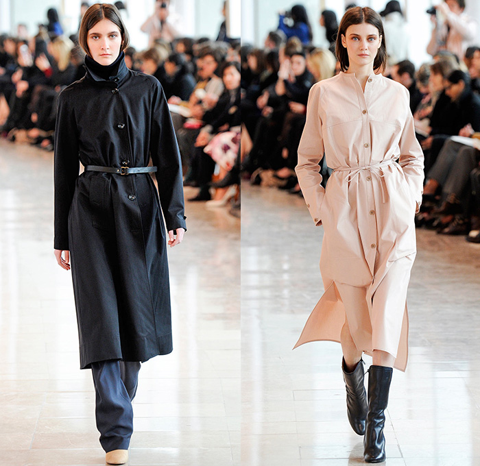 Christophe Lemaire 2014-2015 Fall Autumn Winter Womens Runway Show - Mode à Paris Fashion Week Catwalk - Denim Jeans Indigo Peacoat Outerwear  Trench Coat Wrap Robe Culottes Gauchos Palazzo Pants Wide Leg Scarf Drapery Skirt Frock Ribbed Knit Leggings Blazer Sweaterdress Dress Sweater Jumper Layers Pleats Tie Up Boots Kimono Wide Belt Minimalist Turtleneck Print Motif Leaves Foliage