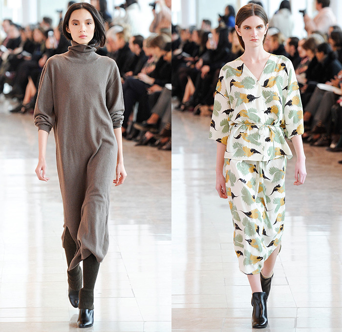 Christophe Lemaire 2014-2015 Fall Autumn Winter Womens Runway Show - Mode à Paris Fashion Week Catwalk - Denim Jeans Indigo Peacoat Outerwear  Trench Coat Wrap Robe Culottes Gauchos Palazzo Pants Wide Leg Scarf Drapery Skirt Frock Ribbed Knit Leggings Blazer Sweaterdress Dress Sweater Jumper Layers Pleats Tie Up Boots Kimono Wide Belt Minimalist Turtleneck Print Motif Leaves Foliage