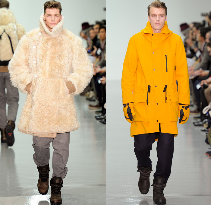 Christopher Raeburn 2014-2015 Fall Autumn Winter Mens Runway Looks Fashion - London Collections - Oversized Outerwear Coat Hoodie Parka Arctic Military Furry Down Puffer Bomber Jacket Duffel Bag Waffle Quilted Tuxedo Stripe Cargo Pockets Polar Bear