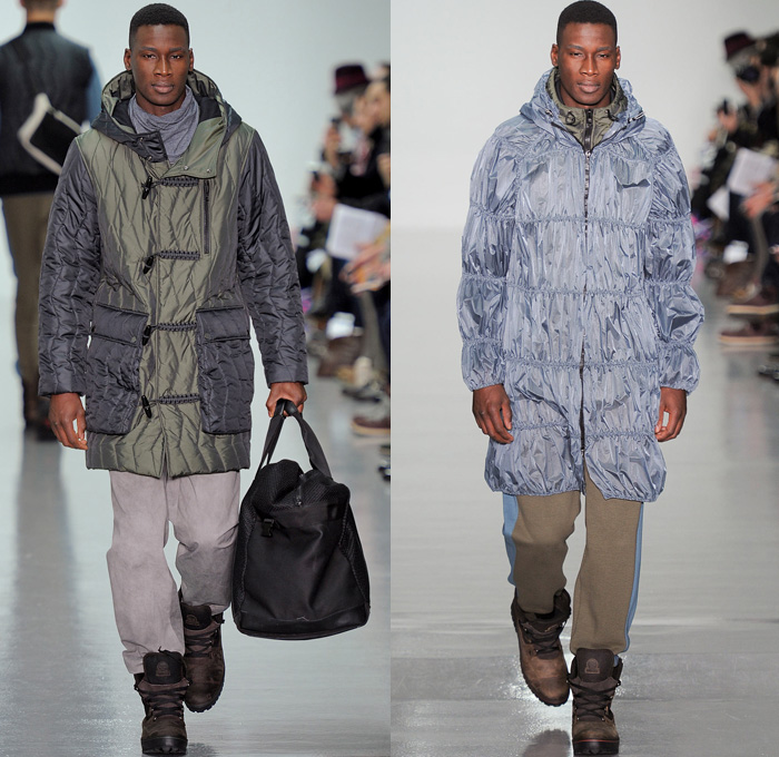 Christopher Raeburn 2014-2015 Fall Autumn Winter Mens Runway Looks Fashion - London Collections - Oversized Outerwear Coat Hoodie Parka Arctic Military Furry Down Puffer Bomber Jacket Duffel Bag Waffle Quilted Tuxedo Stripe Cargo Pockets Polar Bear