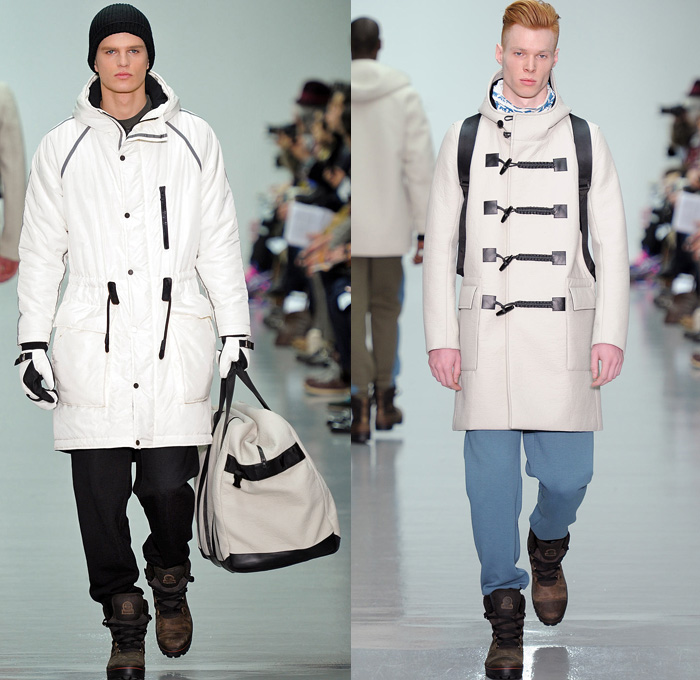 Christopher Raeburn 2014-2015 Fall Autumn Winter Mens Runway Looks Fashion - London Collections - Oversized Outerwear Coat Hoodie Parka Arctic Military Furry Down Puffer Bomber Jacket Duffel Bag Waffle Quilted Tuxedo Stripe Cargo Pockets Polar Bear