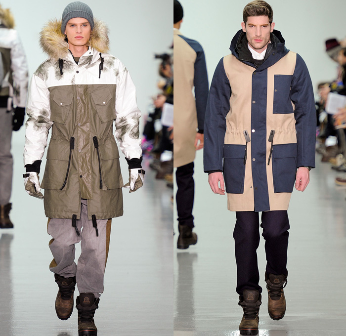 Christopher Raeburn 2014-2015 Fall Autumn Winter Mens Runway Looks Fashion - London Collections - Oversized Outerwear Coat Hoodie Parka Arctic Military Furry Down Puffer Bomber Jacket Duffel Bag Waffle Quilted Tuxedo Stripe Cargo Pockets Polar Bear