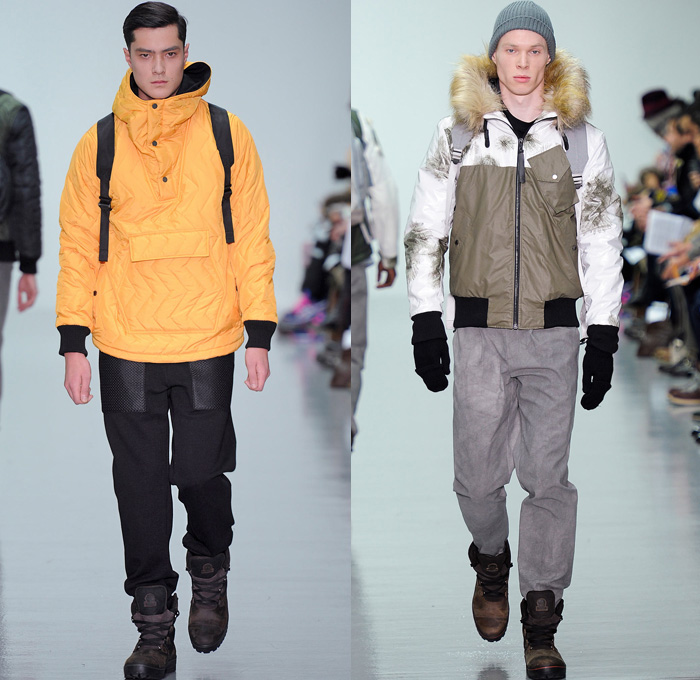 Christopher Raeburn 2014-2015 Fall Autumn Winter Mens Runway Looks Fashion - London Collections - Oversized Outerwear Coat Hoodie Parka Arctic Military Furry Down Puffer Bomber Jacket Duffel Bag Waffle Quilted Tuxedo Stripe Cargo Pockets Polar Bear