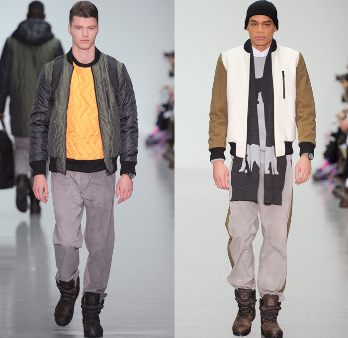 Christopher Raeburn 2014-2015 Fall Autumn Winter Mens Runway Looks Fashion - London Collections - Oversized Outerwear Coat Hoodie Parka Arctic Military Furry Down Puffer Bomber Jacket Duffel Bag Waffle Quilted Tuxedo Stripe Cargo Pockets Polar Bear